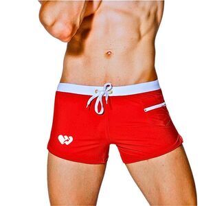 Men's Sexy Swim Trunks Front Pocket Resort Swimwear Red L